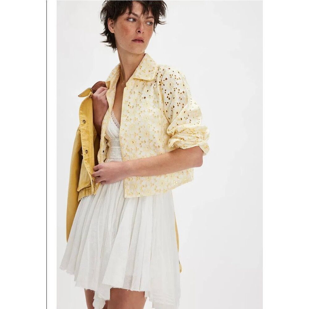 Free people Women’s long sleeved button up yellow cotton cropped tops Sz XS, NWT - Picture 3 of 14